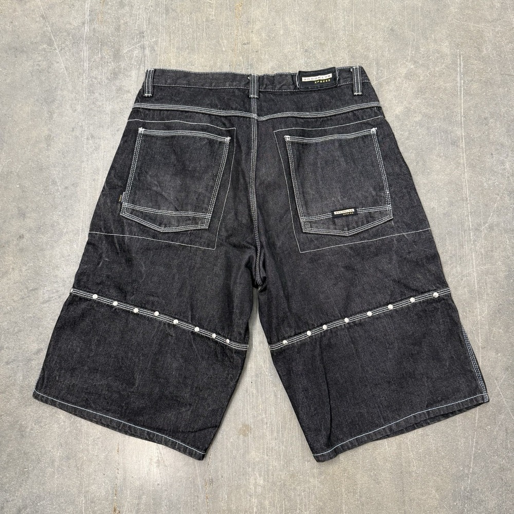 Vintage Y2K Baggy Jorts Brooklyn Express Black Studs Grunge Embroidered 38